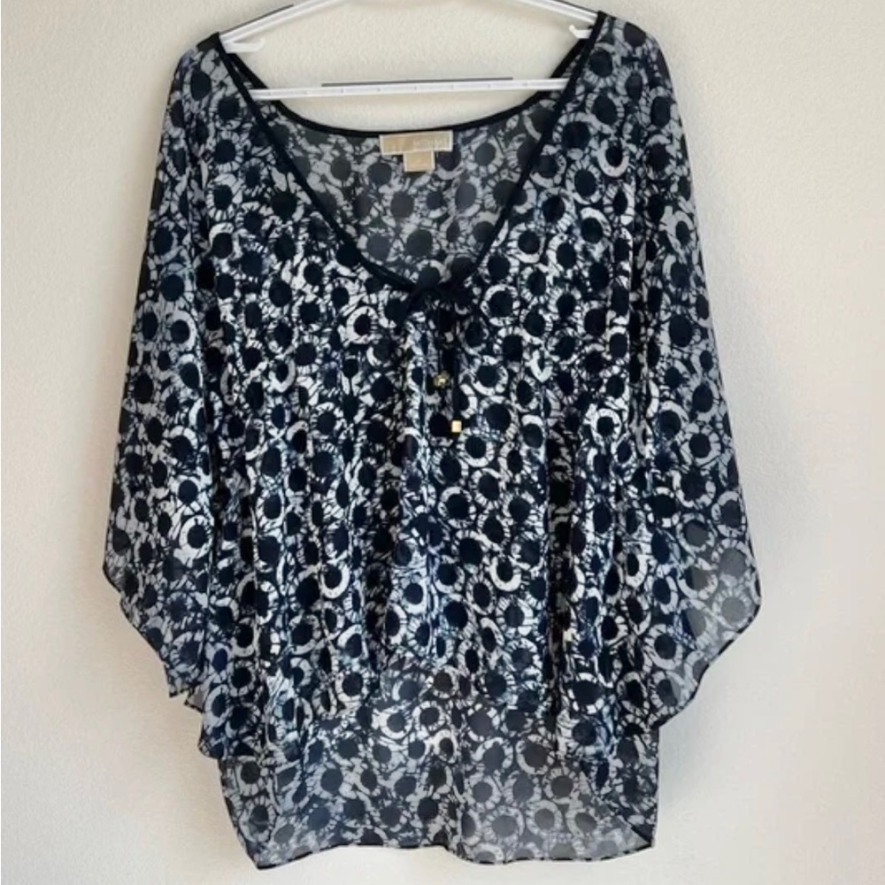 MICHAEL Michael Kors Drawstring V-Neck Flutter Sleeve Blue White Blouse